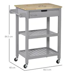 HOMCOM Kitchen Trolley Utility Cart on Wheels with Rubberwood Worktop, Towel Rack, Storage Shelves & Drawer for Dining Room, Grey - 3