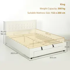 HOMCOM King Size Ottoman Bed Frame, with Front Drawer - Cream - 3