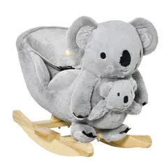 HOMCOM Kids Toddler Rocking Horse Plush Ride On Koala Rocker Wooden Base Seat Safety Belt w/ Gloved Doll Toy for 18-36 Months Grey - 1