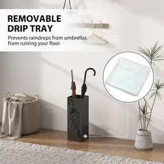 HOMCOM Metal Umbrella Stand, Square Umbrella Holder with 4 Hooks and Removable Drip Tray, Decorative Umbrella Storage Rack for Entryway, Hallway, 15.5 x 15.5 x 41 cm, Black - 4