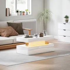 HOMCOM LED Coffee Table with Storage - High Gloss White - 2