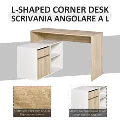HOMCOM L-Shaped Desk, Corner Computer Desk with Storage Drawer, Adjustable Shelf, Cabinet for Home Office and Study, 120 x 92 x 75cm, Oak and White - 4