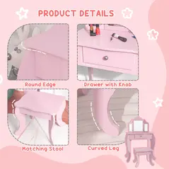 HOMCOM Kids Vanity Table and Chair Set with Tri-Folding Mirror and Stool, Makeup Dressing Table with Drawer, Pink - 4