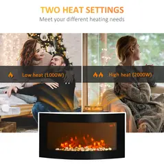 HOMCOM Led Wall Mounted Fireplace Curved Glass Electric Fire Place Fire Place 7 Colour Side Lights Slimline, 1000/2000W, 89.2cm x 48cm - 4