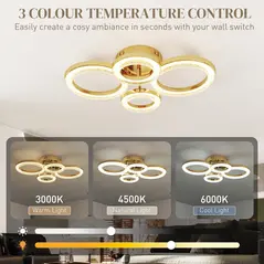 HOMCOM LED Ceiling Light, Modern 4 Rings Ceiling Lamp with Wall Switch Control, 40W 4350lm Flush Mount Ceiling Light with 3500K/4500K/6000K Colour Temperatures for Living Room, Bedroom, Gold Tone - 4