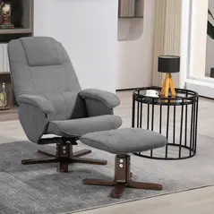 HOMCOM Linen Swivel Recliner Chair with Footstool, Upholstered Reclining Armchair with Wooden Base for Living Room, Grey - 2