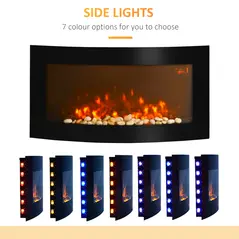 HOMCOM Led Wall Mounted Fireplace Curved Glass Electric Fire Place Fire Place 7 Colour Side Lights Slimline, 1000/2000W, 89.2cm x 48cm - 7