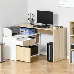 HOMCOM L-Shaped Desk, Corner Computer Desk with Storage Drawer, Adjustable Shelf, Cabinet for Home Office and Study, 120 x 92 x 75cm, Oak and White - 8