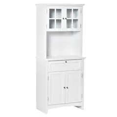 HOMCOM Kitchen Cupboard, Wooden Storage Cabinet with Framed Glass Door, Drawer, Microwave Space for Dining and Living Room, White - 1