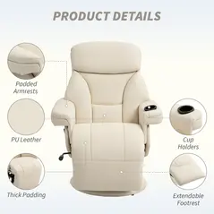 HOMCOM Manual Recliner Chair with Footrest, Upholstered Reclining Armchair with Adjustable Backrest and Cup Holder, PU Leather Swivel Chair for Living Room, Bedroom, Cream White - 5