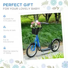 HOMCOM Kids Scooter, Kick Stunt Scooter with Adjustable Handlebar, Dual Brakes, Basket, Cupholder, Mudguard, 16" Inflatable Rubber Wheels, for 5-12 years, Blue - 5