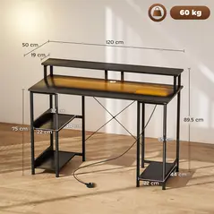 HOMCOM LED Computer Desk, with Power Outlets and Shelves - Carbon Fibre Grey - 3