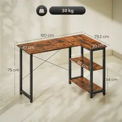 HOMCOM L Shaped Desk, Corner Computer Desk with Bookshelf for Home Office, Study Room, Workstation, 120 x 73.2 x 75cm, Rustic Brown - 3