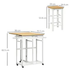 HOMCOM Kitchen Island Set with 2 Stools, Bamboo Breakfast Cart with Drop Leaf Top, Drawers and Towel Rack, Rolling Kitchen Cart and Chairs Set, White - 3