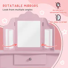 HOMCOM Kids Vanity Table and Chair Set with Tri-Folding Mirror and Stool, Makeup Dressing Table with Drawer, Pink - 5