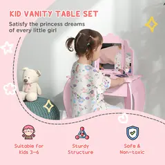 HOMCOM Kids Vanity Table and Chair Set with Tri-Folding Mirror and Stool, Makeup Dressing Table with Drawer, Pink - 3