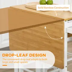 HOMCOM Kitchen Island Set with 2 Stools, Bamboo Breakfast Cart with Drop Leaf Top, Drawers and Towel Rack, Rolling Kitchen Cart and Chairs Set, White - 4