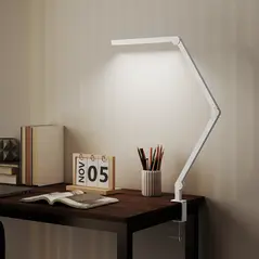HOMCOM LED Desk Lamp, Dimmable Desk Light with Swing Arm and Clamp, Adjustable Eye-Caring Table Lamp with 2 Colour Modes & 5 Brightness Levels for Study, Drawing, Office, Architect, Task, White - 7