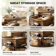 HOMCOM Lift Top Coffee Table, Round Coffee Table with Storage Shelf, Hidden Compartment and Steel Frame for Living Room, Home Office, Brown - 5