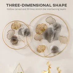 HOMCOM Large Metal Wall Art, Modern Hanging Wall Sculpture with Unique Multi-leaf Design, Horizontal or Vertical Metal Hanging Decoration for Living Room Bedroom Entryway, Gold Silver - 4