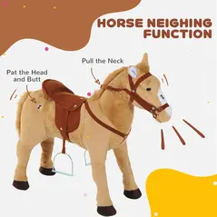 HOMCOM Kids Ride On Standing Horse Cuddly Toy Children Plush Soft Pony Gift w/ Neigh Sound or 2 Years and Up Beige - 5