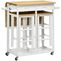 HOMCOM Kitchen Island Set with 2 Stools, Bamboo Breakfast Cart with Drop Leaf Top, Drawers and Towel Rack, Rolling Kitchen Cart and Chairs Set, White - 1