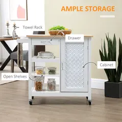 HOMCOM Kitchen Trolley, Kitchen Island on Wheels with Embossed Door Panel, Utility Kitchen Cart with 3 Storage Shelves, White - 4