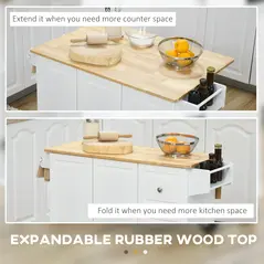 HOMCOM Kitchen Island with Drop Leaf, Rolling Kitchen Storage Trolley on Wheels with 3 Drawers, Spice Rack and Towel Rack, Storage Cart with Rubber Wood Top, White - 6