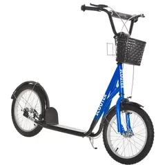 HOMCOM Kids Scooter, Kick Stunt Scooter with Adjustable Handlebar, Dual Brakes, Basket, Cupholder, Mudguard, 16" Inflatable Rubber Wheels, for 5-12 years, Blue - 1