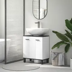 HOMCOM Modern Under-Sink Bathroom Cabinet - High Gloss White - 2