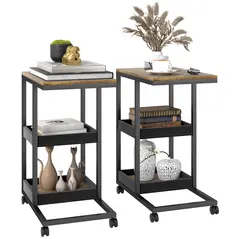 HOMCOM Mobile Sofa Side Table Set of 2, Industrial C-Shaped Rolling Table with 3-Tier Storage Shelving, Four Lockable Wheels Steel Frame, Dark Brown - 1