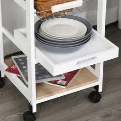 HOMCOM Mobile Rolling Kitchen Island Trolley for Home w/ Metal Baskets Trays Shelves Wheels Compact Stylish Storage White - 8