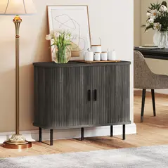 HOMCOM Mid-Century Modern Sideboard Storage Cabinet with Slatted Tambour Sliding Doors, Kitchen Cabinet with Steel Legs, Grey - 2