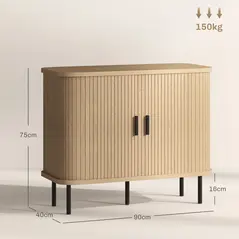 HOMCOM Mid-Century Modern Sideboard Storage Cabinet with Slatted Tambour Sliding Doors, Kitchen Cabinet with Steel Legs, Oak Tone - 3