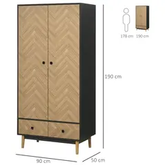 HOMCOM Modern Wardrobe Cabinet Wood Grain Sticker Surface with Shelf, Hanging Rod and 2 Drawers 90x50x190cm - 3