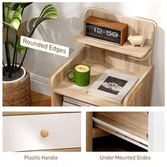 HOMCOM Multi-Storage Bedside Table - White/Wood-Effect - 5