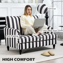 HOMCOM Modern Cuddle Chair, Velvet Single Sofa Armchair with Stripe, Turned Legs and Wide Seat, Upholstered Snuggle Chair for Living Room, Bedroom, Black and White - 5