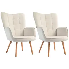 HOMCOM Modern Accent Chair Set of 2 Velvet-Touch Tufted Wingback Armchair Upholstered Leisure Lounge Sofa Club Chair with Wood Legs, Cream White - 1