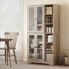 HOMCOM Multi-Storage Kitchen Cabinet, with Glass Doors - Grey Wood-Effect - 2