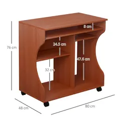 HOMCOM Multi-Storage Compact Work Desk, with Wheels - Cherry Wood Colour - 3