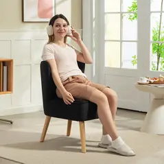 HOMCOM Modern Accent Chair, Fabric Living Room Chair with Rubber Wood Legs and Thick Padding, Black - 2