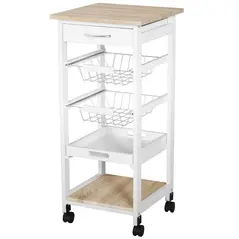 HOMCOM Mobile Rolling Kitchen Island Trolley for Home w/ Metal Baskets Trays Shelves Wheels Compact Stylish Storage White - 1