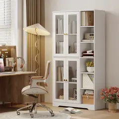 HOMCOM Multi-Storage Kitchen Cabinet, with Glass Doors - White Wood-Effect - 9