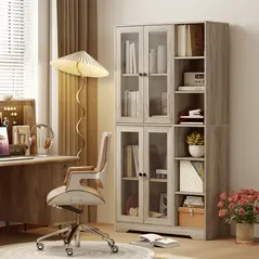 HOMCOM Multi-Storage Kitchen Cabinet, with Glass Doors - Grey Wood-Effect - 9