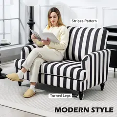 HOMCOM Modern Cuddle Chair, Velvet Single Sofa Armchair with Stripe, Turned Legs and Wide Seat, Upholstered Snuggle Chair for Living Room, Bedroom, Black and White - 4