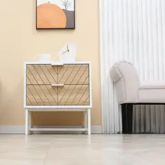 HOMCOM Modern Bedside Table with 2 Drawers and Metal Frame, Sofa Side Table for Bedroom Living Room, White and Oak - 7