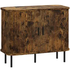 HOMCOM Mid-Century Modern Sideboard Storage Cabinet with Slatted Tambour Sliding Doors, Kitchen Cabinet with Steel Legs, Rustic Brown - 1