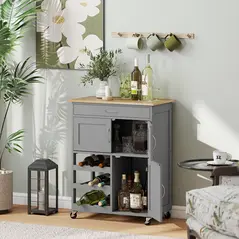 HOMCOM Modern Kitchen Trolley, Rolling Island Storage Cart with Drawer, 9-bottle Wine Rack, Door Cabinets, Wooden Countertop, Grey - 2