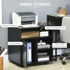 HOMCOM Multi-Storage Printer Stand Unit Office Desk Side Mobile Storage w/ Wheels Modern Style 60L x 50W x 65.5H cm - Black - 4