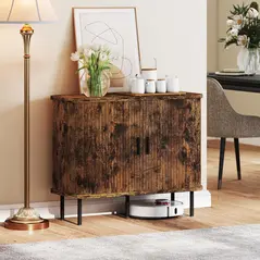 HOMCOM Mid-Century Modern Sideboard Storage Cabinet with Slatted Tambour Sliding Doors, Kitchen Cabinet with Steel Legs, Rustic Brown - 8